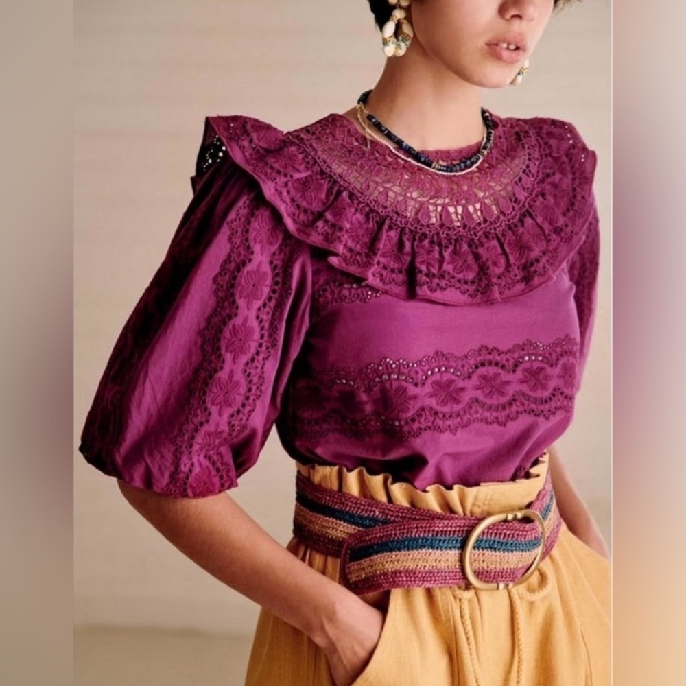 Sezane Elsa Blouse Eyelet Embroidered Ruffled Openwork in Purple Violet sz36/US4 - Picture 1 of 13